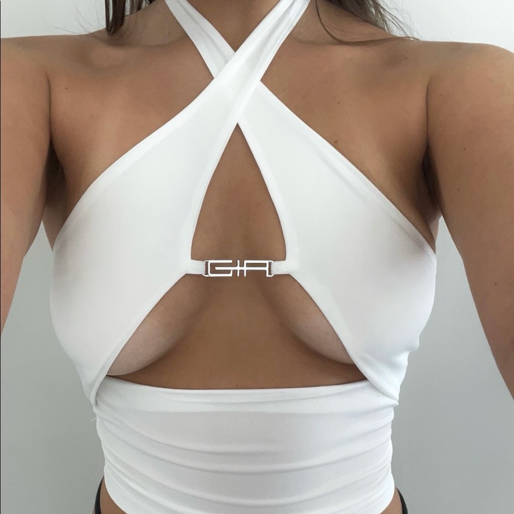 Metal Logo Halter Wrap Top